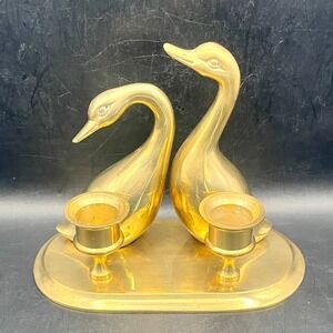 Vtg Solid Brass Double Swan Taper Candle Holder Hollywood Regency MCM 5.25" x 6"